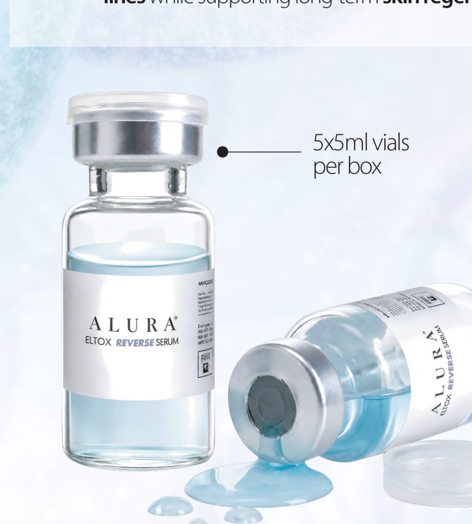 Two ALURA ELTOX Reverse Serum vials, one pouring, with 5x5ml vials per box callout