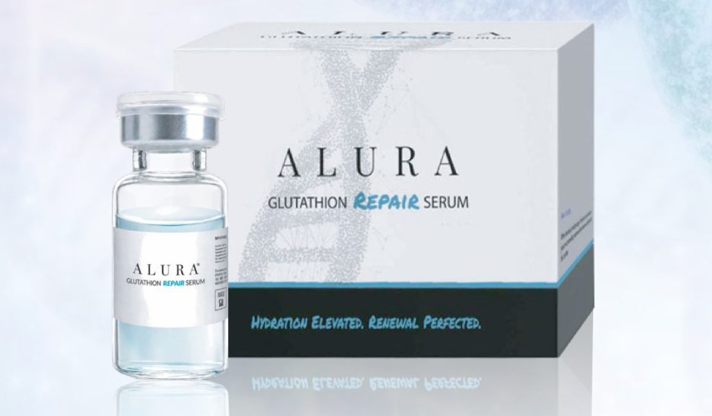 ALURA Glutathione Repair Serum box with Hydration Elevated Renewal Perfected strapline beside a vial