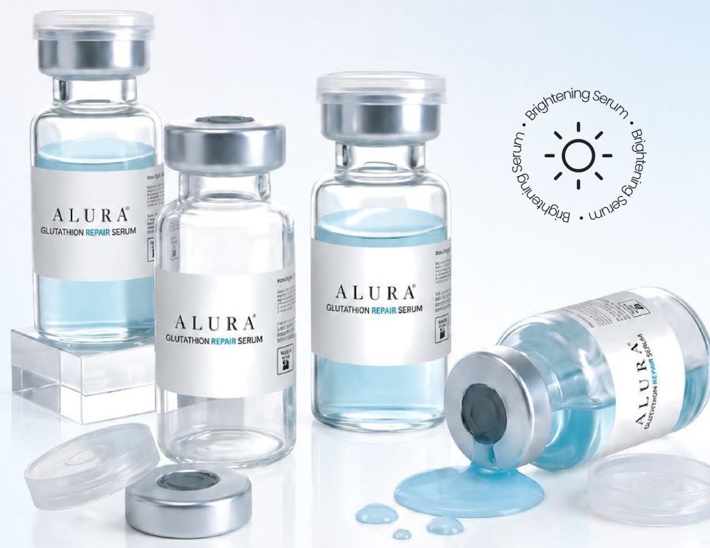 Group of ALURA Glutathione Repair Serum vials with brightening serum badge