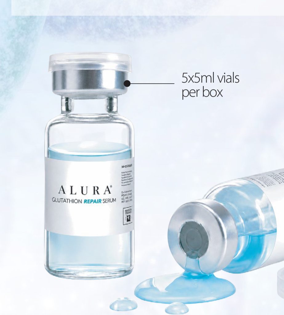 Two ALURA Glutathione Repair Serum vials, one pouring, with 5x5ml vials per box callout