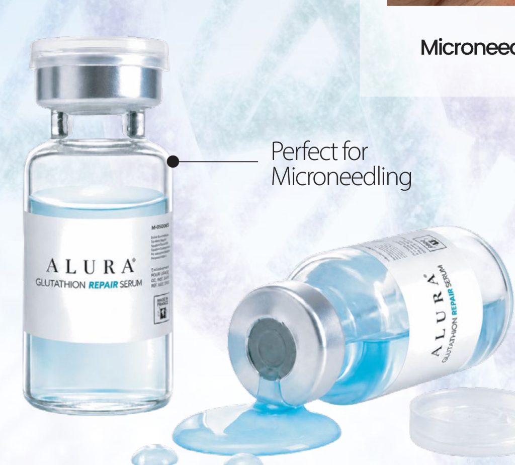 ALURA Glutathione Repair Serum vials with serum pouring from an open vial