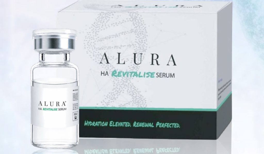 ALURA HA Revitalise Serum box with Hydration Elevated Renewal Perfected strapline beside a vial