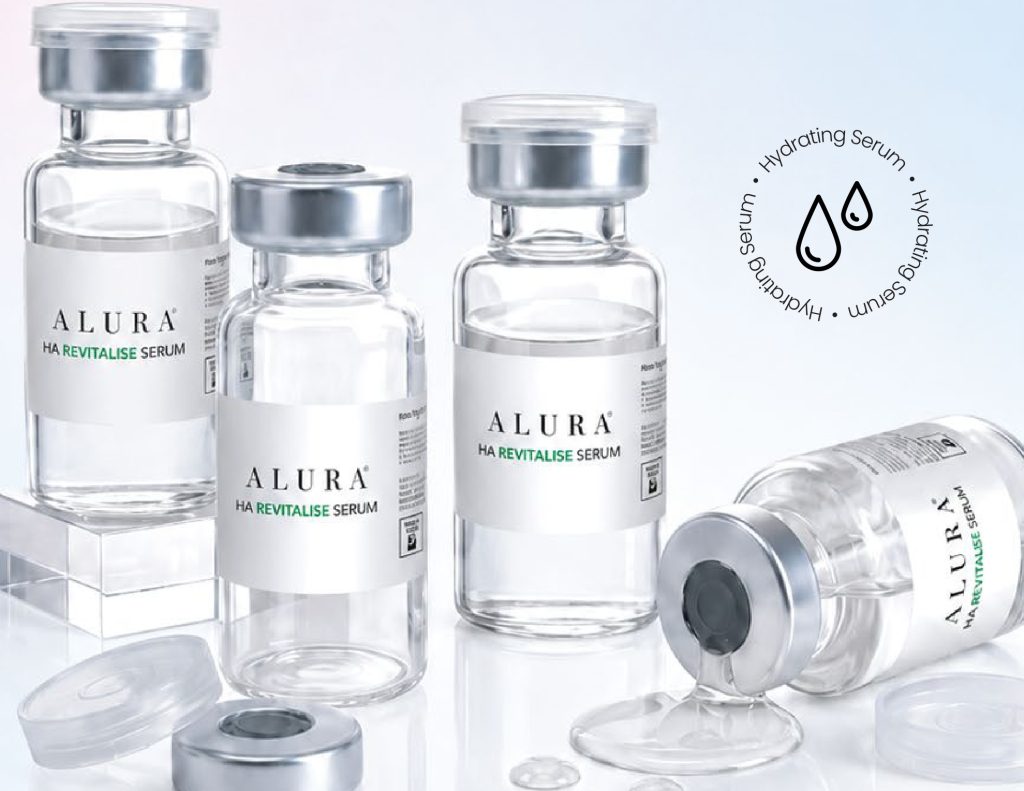 Group of ALURA HA Revitalise Serum vials with hydrating serum badge