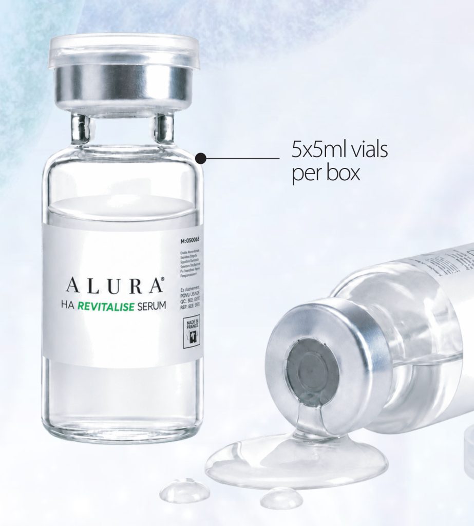 Two ALURA HA Revitalise Serum vials, one pouring, with 5x5ml vials per box callout