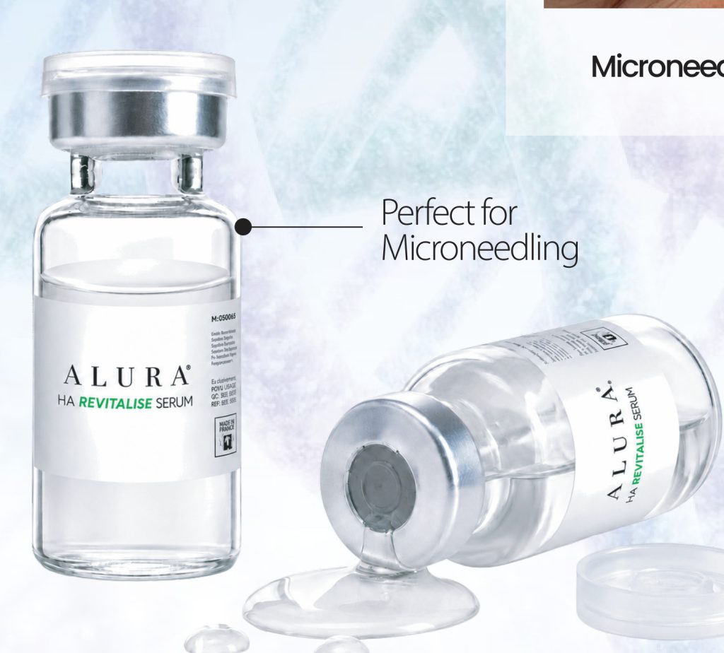 ALURA HA Revitalise Serum vials with serum pouring from an open vial