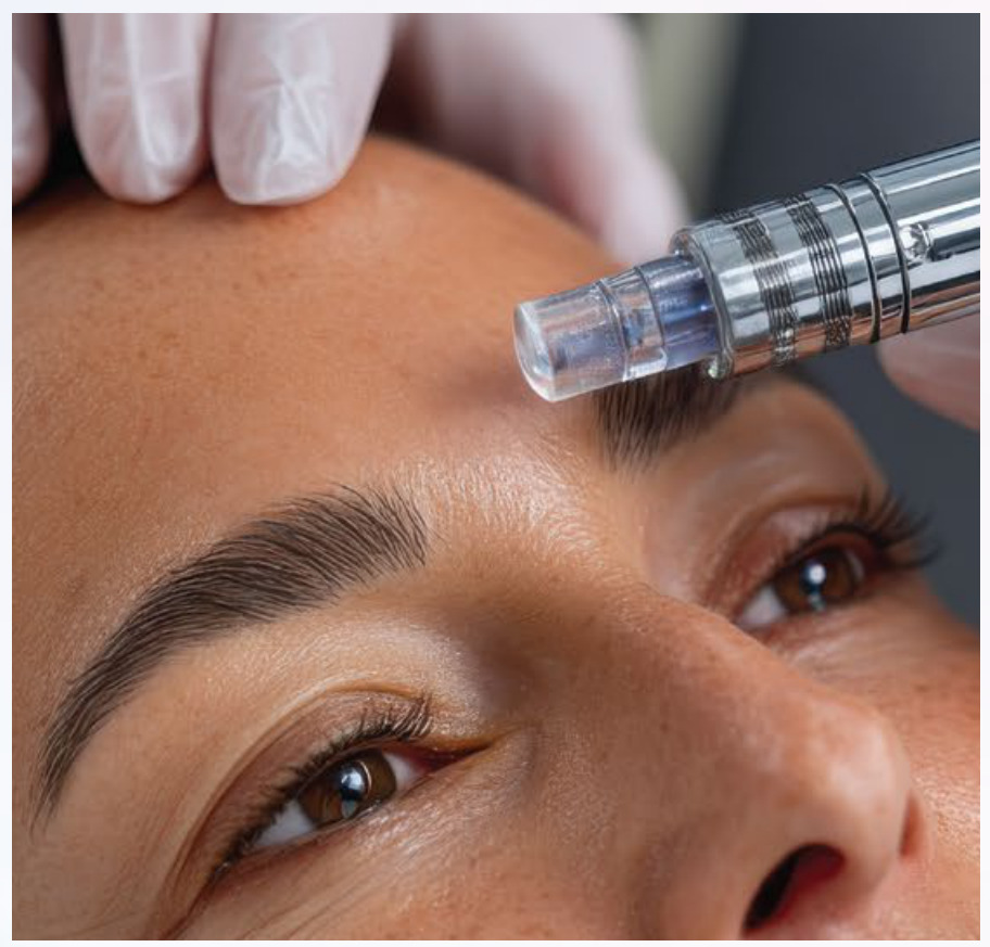 Practitioner performing a microneedling treatment on a client forehead